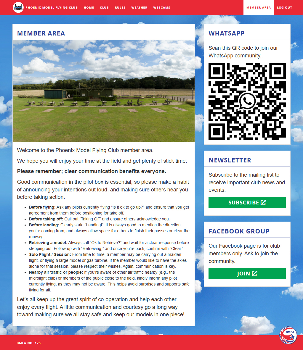 Phoenix Model Flying Club Member Area Page